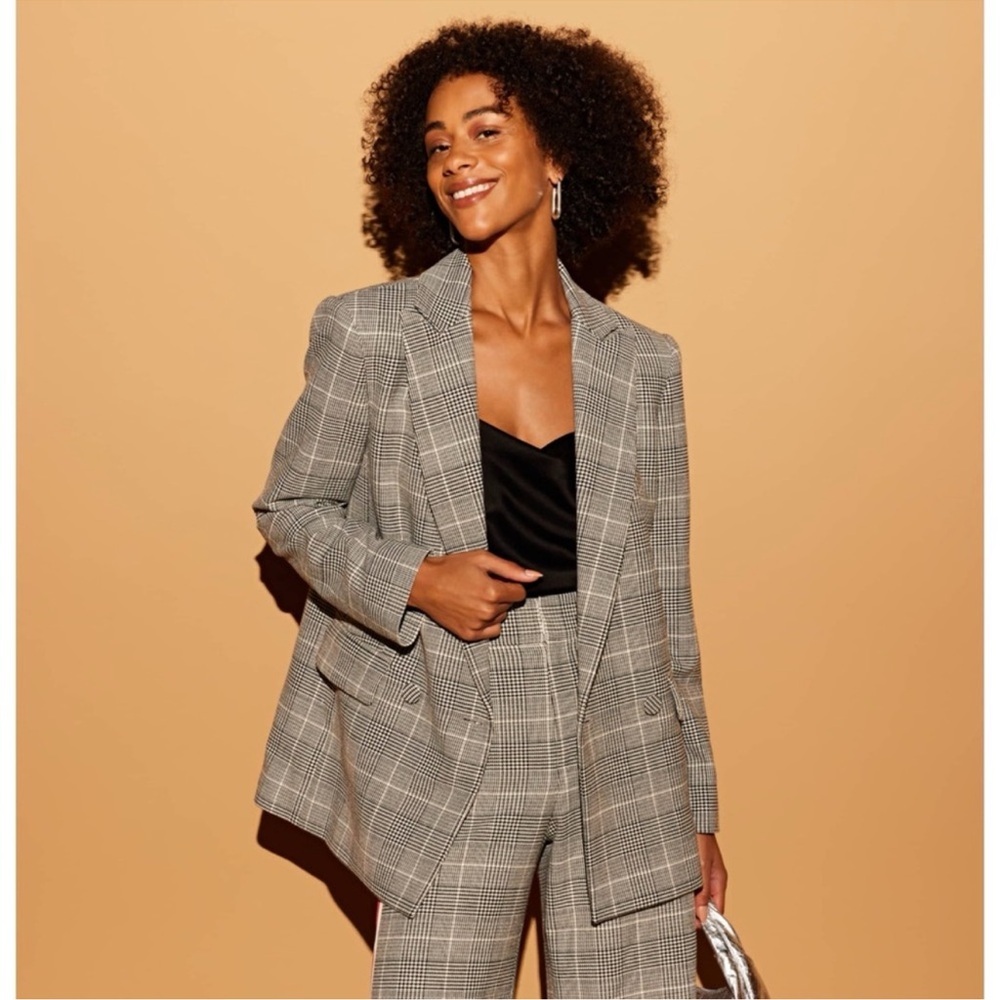 Alice + Olivia Arias Blazer Strong Shoulder Jacket Black White Glen Plaid